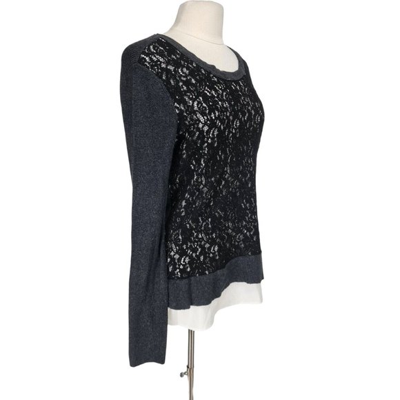 SIMPLY VERA VERAWANG Women Sz L Black White Floral Lace Basic Tunic Blouse 270P - Picture 2 of 5